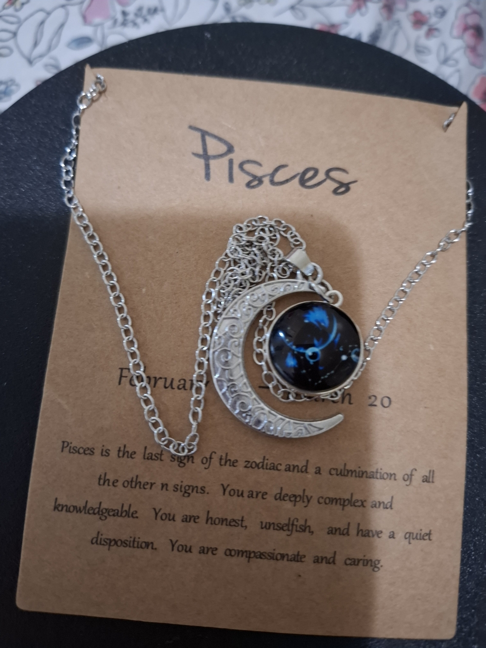 Pisces Silver Crescent Moon Necklace with Blue Galaxy Pendant